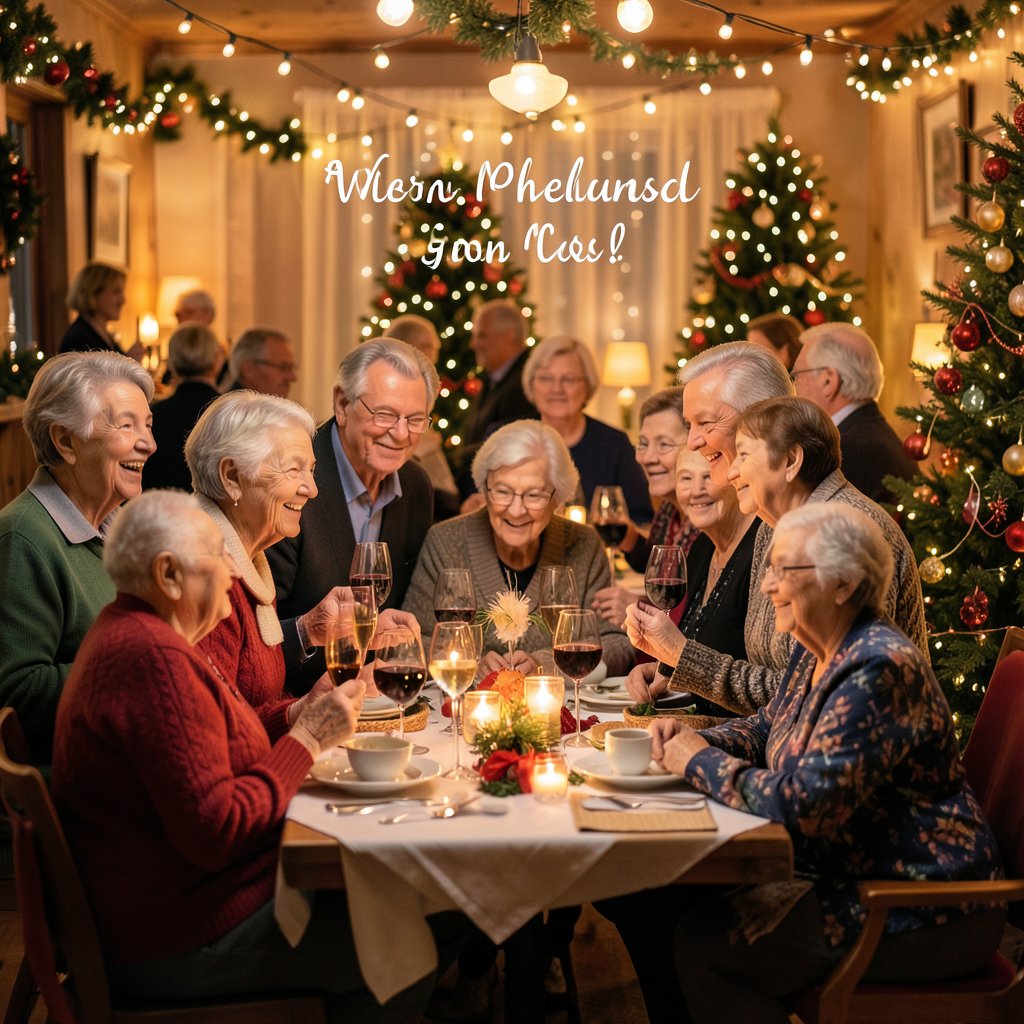 Cinematic square preview image for a photo gallery, showing a Christmas party for seniors, warm atmosphere, glowing decorations, cozy lighting, high quality photography