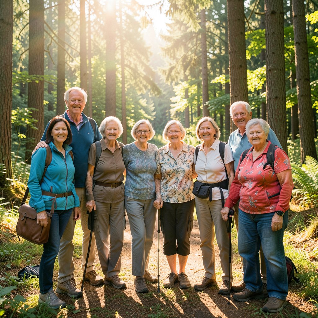 Cinematic square preview image for a photo gallery, nature trip, group of seniors in a forest park, beautiful landscape, sunny day, high quality photography