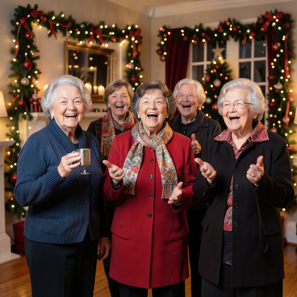 A group of seniors singing Christmas carols, joyful expressions, festive decorations in background, professional photo