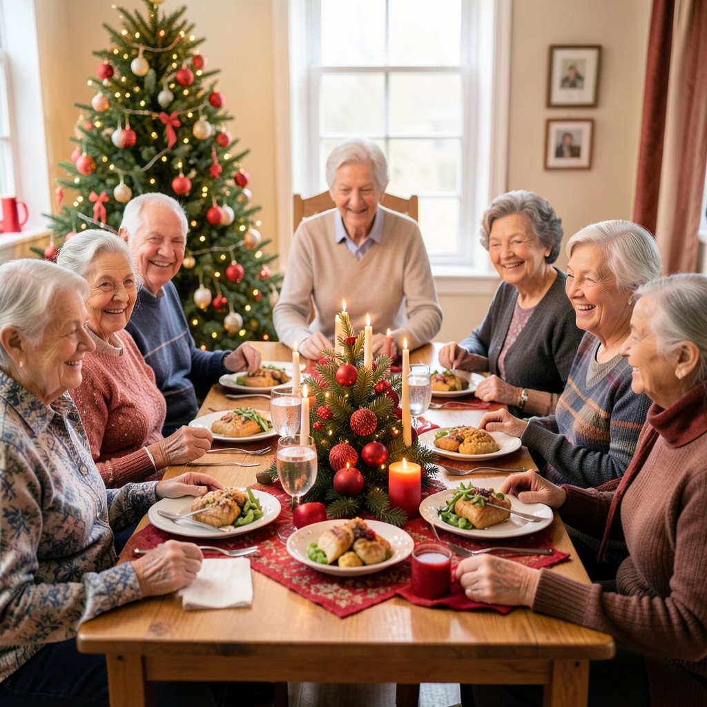 Detail of Christmas table with seniors, festive meal, smiling people, community spirit, high quality photo