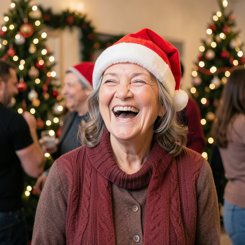 Senior woman laughing at a Christmas event, wearing a festive hat, holiday spirit, candid high quality portrait