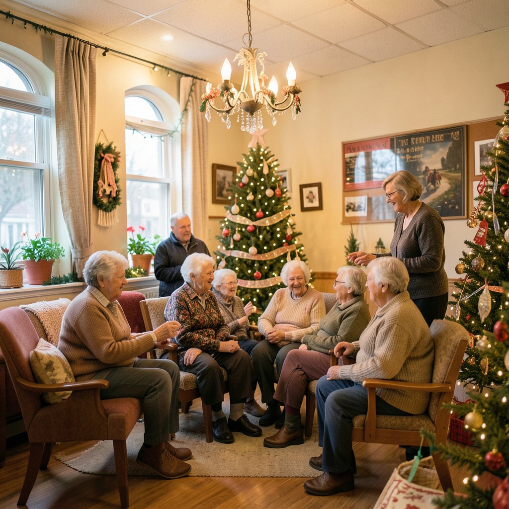 Community center interior decorated for Christmas, seniors interacting, warm cozy atmosphere, professional photography