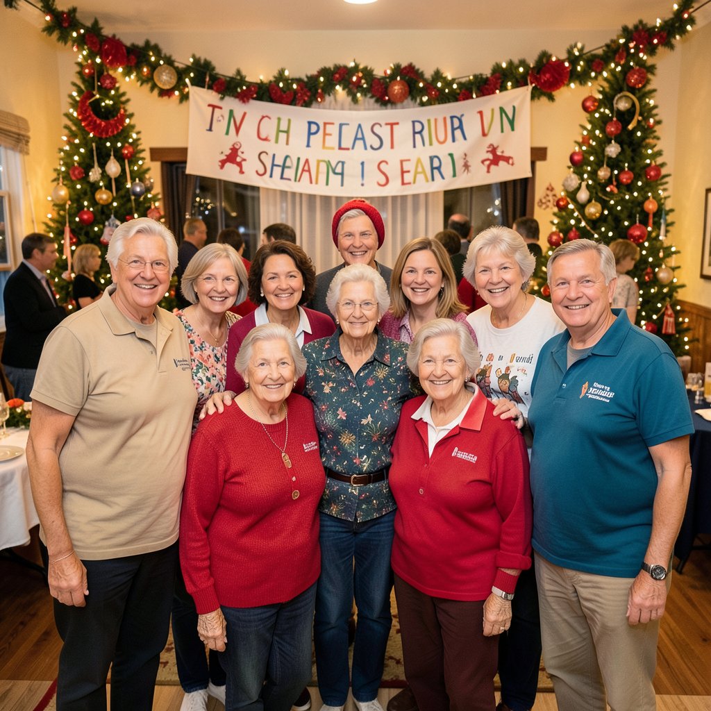 A group photo of seniors and volunteers at a Christmas party, everyone smiling, festive banner, community event, high quality
